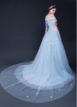 Light Sky Blue Prom Dresses Off-the-shoulder Sweep/Brush Train Tulle Prom Dress/Evening Dress JKL166