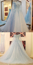 Light Sky Blue Prom Dresses Off-the-shoulder Sweep/Brush Train Tulle Prom Dress/Evening Dress JKL166