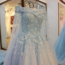 Light Sky Blue Prom Dresses Off-the-shoulder Sweep/Brush Train Tulle Prom Dress/Evening Dress JKL166