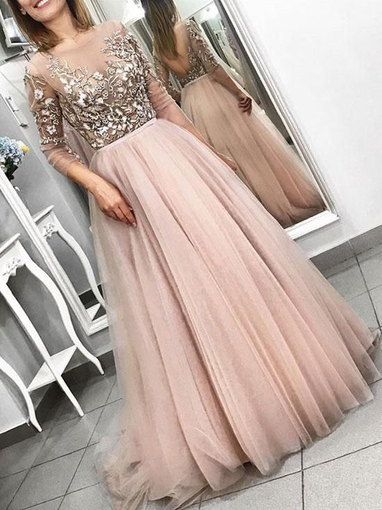 Long Sleeve Prom Dresses Embroidery Aline Long Beautiful Open Back Prom Dress JKL1661|Annapromdress