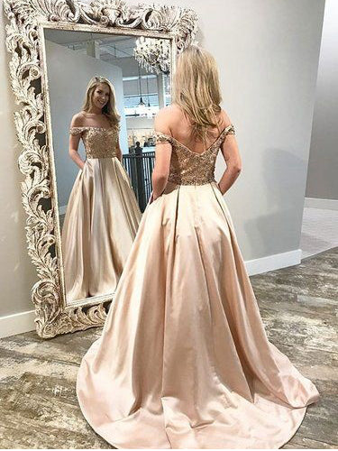 Beautiful Prom Dresses Off-the-shoulder Sweep Train A Line Long Sparkly Prom Dress JKL1665|Annapromdress