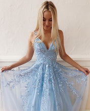 Chic Prom Dresses with Straps A Line Sky Blue Lace Prom Dress V-neck Evening Dress JKL1666|Annapromdress