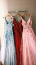 Chic Prom Dresses with Straps A Line Sky Blue Lace Prom Dress V-neck Evening Dress JKL1666|Annapromdress