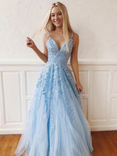 Chic Prom Dresses with Straps A Line Sky Blue Lace Prom Dress V-neck Evening Dress JKL1666|Annapromdress