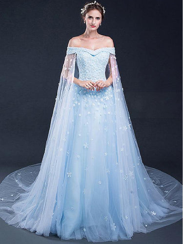 Light Sky Blue Prom Dresses Off-the-shoulder Sweep/Brush Train Tulle Prom Dress/Evening Dress JKL166