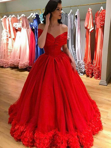 Ball Gown Prom Dresses Off-the-shoulder Hand-Made Flower Long Red Prom Dress JKL1670|Annapromdress