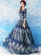 Half Sleeve Prom Dresses Scoop Dark Navy Aline Glitter Prom Dress Lace Evening Dress JKL1672|Annapromdress