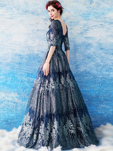 Half Sleeve Prom Dresses Scoop Dark Navy Aline Glitter Prom Dress Lace Evening Dress JKL1672|Annapromdress