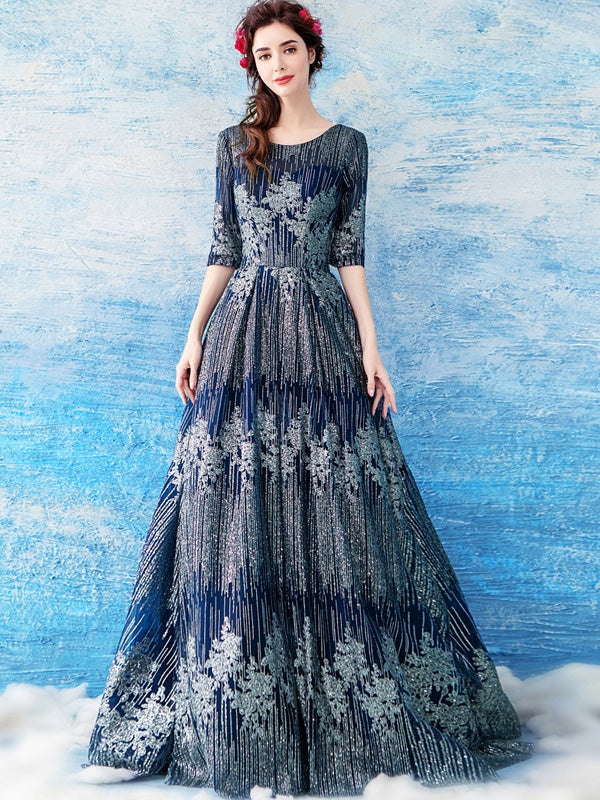 green emerald velvet dress Half Sleeve Prom Dresses Scoop Dark Navy Aline Glitter Prom Dress Lace –  Anna PromDress