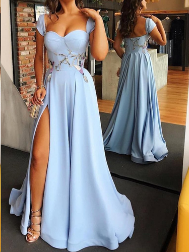 Beautiful Prom Dresses Sweetheart Cape Sleeve A Line Long Deep Slit Prom Dress JKL1674|Annapromdress