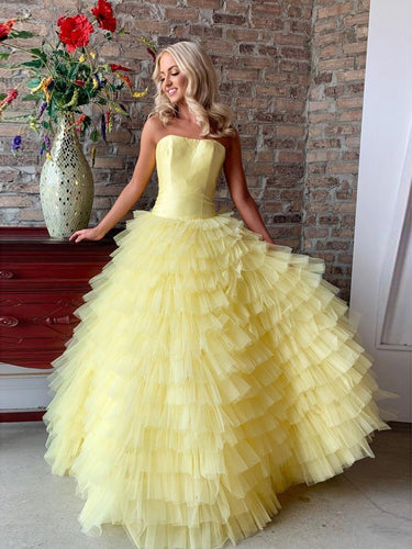 Beautiful Prom Dresses Strapless A-line Long Ruffles Yellow Cheap Prom Dress JKL1678|Annapromdress