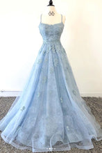Open Back Prom Dresses with Spaghetti Straps Aline Sky Blue Long Lace Prom Dress JKL1680|Annapromdress