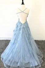 Open Back Prom Dresses with Spaghetti Straps Aline Sky Blue Long Lace Prom Dress JKL1680|Annapromdress