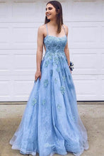 Open Back Prom Dresses with Spaghetti Straps Aline Sky Blue Long Lace Prom Dress JKL1680|Annapromdress