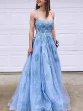 Open Back Prom Dresses with Spaghetti Straps Aline Sky Blue Long Lace Prom Dress JKL1680|Annapromdress