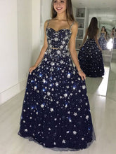 Sparkly Prom Dresses with Straps A Line Dark Navy Star Lace Long Prom Dress JKL1681|Annapromdress
