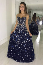 Sparkly Prom Dresses with Straps A Line Dark Navy Star Lace Long Prom Dress JKL1681|Annapromdress