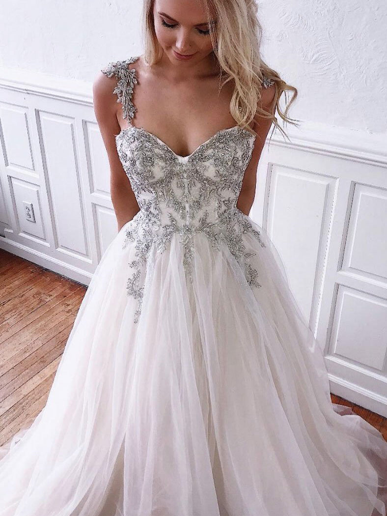 Chic Prom Dresses with Straps Sweetheart Aline Appliques Long Prom Dress JKL1684|Annapromdress