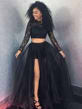 Two Piece Prom Dresses with Slit A-line Long Cheap Black Lace Long Sleeve Prom Dress JKL1685|Annapromdress