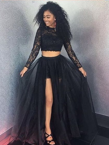 Two Piece Prom Dresses with Slit A-line Long Cheap Black Lace Long Sle Anna PromDress Two Piece Prom Dresses with Slit A-line Long Cheap Black Lace Long Sle Anna PromDress