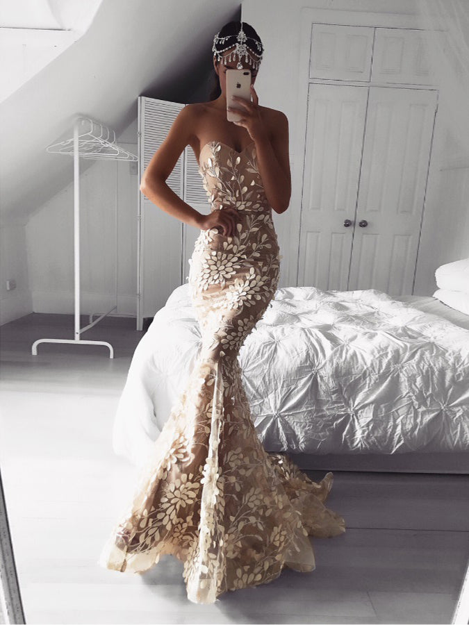 Lace Prom Dresses Sweetheart Trumpet Long Chic Prom Dress Mermaid Evening Dress JKL1686|Annapromdress