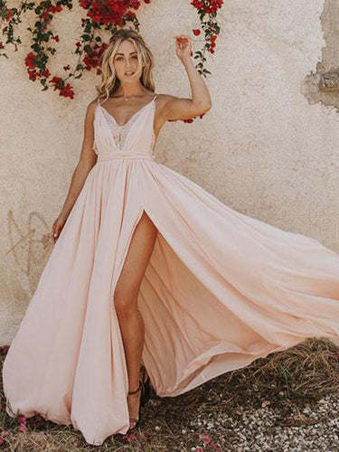 Simple Prom Dresses with Spaghetti Straps Aline V neck Open Back Pink Prom Dress JKL1690|Annapromdress