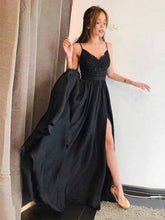 Black Prom Dresses with Spaghetti Straps A-line Long Cheap Slit Prom Dress JKL1696|Annapromdress