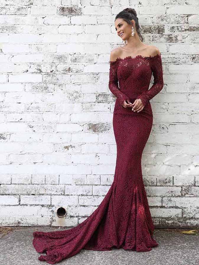 Long Sleeve Prom Dresses Off-the-shoulder Mermaid Long Burgundy Lace Prom Dress JKL1697|Annapromdress