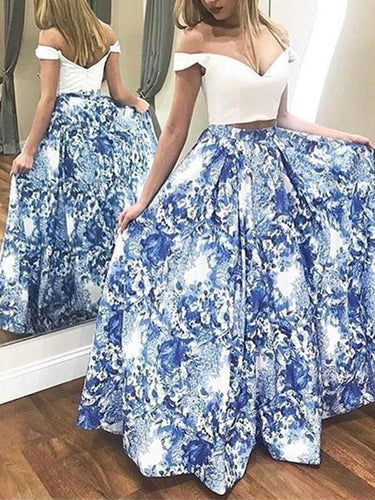Two Piece Prom Dresses A-line Floral Print Long Open Back Satin Prom Dress JKL1699|Annapromdress