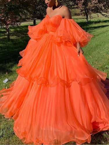 Long Sleeve Prom Dresses Ball Gown Sweetheart Orange Tulle Long Prom Dress JKL1700|Annapromdress