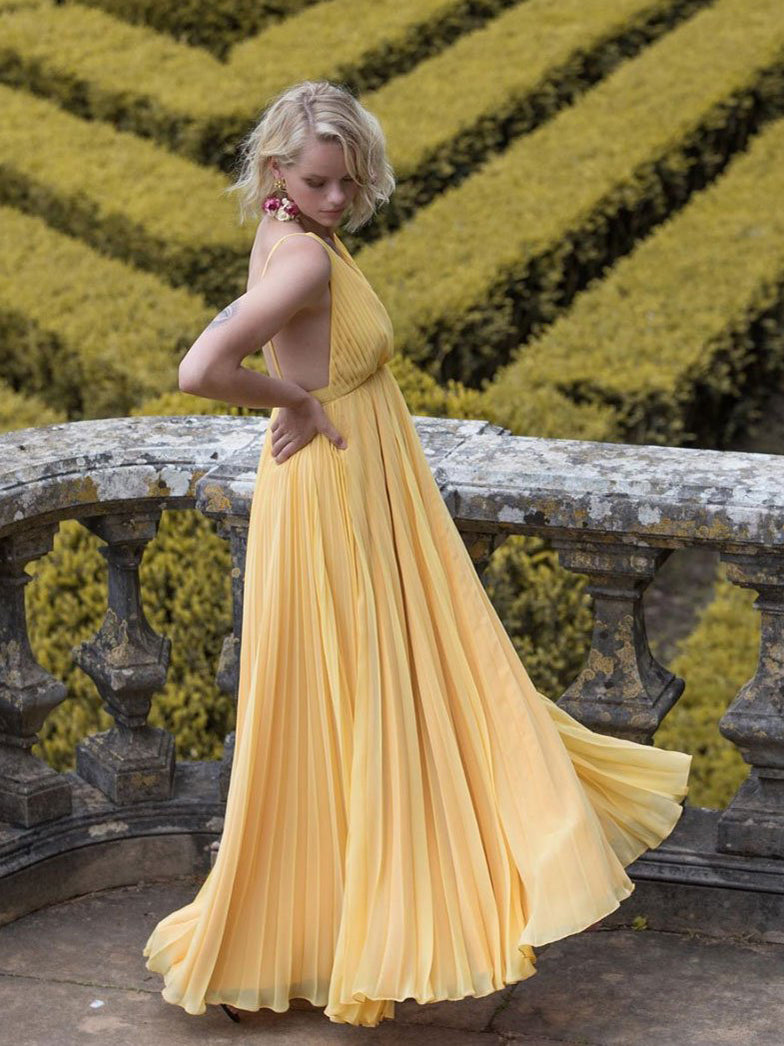 Simple Prom Dresses Yellow Aline Long Backless Prom Dress Chiffon Evening Dress JKL1701|Annapromdress