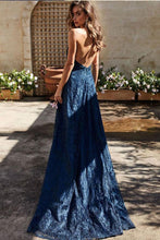 Lace Prom Dresses with Slit Deep V neck Aline Long Backless Prom Dress JKL1702|Annapromdress