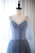 Lace Prom Dresses V Neck A Line Dusty Blue Long Sparkly Prom Dress JKL1703|Annapromdress