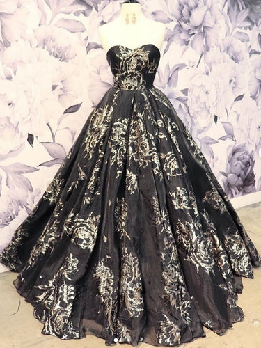 Black Prom Dresses Ball Gown Sweetheart Long Chic Floral Lace Prom Dress JKL1707|Annapromdress