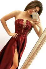 Burgundy Prom Dresses Aline Long Strapless Sexy Prom Dress Slit Evening Dress JKL1708|Annapromdress