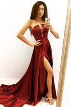 Burgundy Prom Dresses Aline Long Strapless Sexy Prom Dress Slit Evening Dress JKL1708|Annapromdress