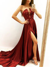 Burgundy Prom Dresses Aline Long Strapless Sexy Prom Dress Slit Evening Dress JKL1708|Annapromdress
