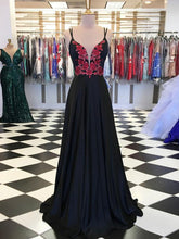 Black Prom Dresses with Spaghetti Straps V-neck Aline Long Open Back Prom Dress JKL1709|Annapromdress