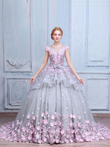 Luxury Prom Dresses Scoop Ball Gown Lace Hand-Made Flower Prom Dress/Evening Dress JKL170