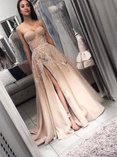 Long Prom Dresses Aline Sweep Train Sweetheart Embroidery Slit Prom Dress JKL1712|Annapromdress