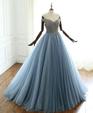 Ball Gown Prom Dresses Off-the-shoulder Beaded Sky Blue Long Sparkly Prom Dress JKL1713|Annapromdress