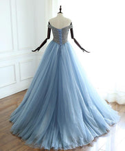 Ball Gown Prom Dresses Off-the-shoulder Beaded Sky Blue Long Sparkly Prom Dress JKL1713|Annapromdress