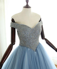 Ball Gown Prom Dresses Off-the-shoulder Beaded Sky Blue Long Sparkly Prom Dress JKL1713|Annapromdress