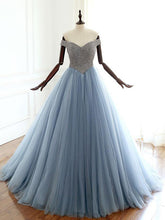 Ball Gown Prom Dresses Off-the-shoulder Beaded Sky Blue Long Sparkly Prom Dress JKL1713|Annapromdress