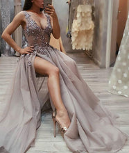 Sexy Prom Dresses A-line Deep V Neck Long Chic Beaded Slit Prom Dress JKL1715|Annapromdress