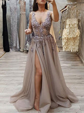 Sexy Prom Dresses A-line Deep V Neck Long Chic Beaded Slit Prom Dress JKL1715|Annapromdress