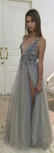 Sexy Prom Dresses V-neck A-line Floor-length Tulle Prom Dress/Evening Dress JKL173