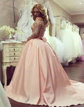 Ball Gown Prom Dresses Scoop Long Sleeve Short Train Satin Sexy Prom Dress/Evening Dress JKL174