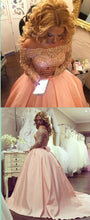 Ball Gown Prom Dresses Scoop Long Sleeve Short Train Satin Sexy Prom Dress/Evening Dress JKL174