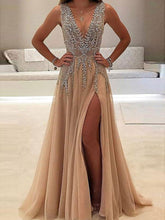Beautiful Prom Dresses V-neck Slit Sexy Rhinestone Prom Dress/Evening Dress JKL175